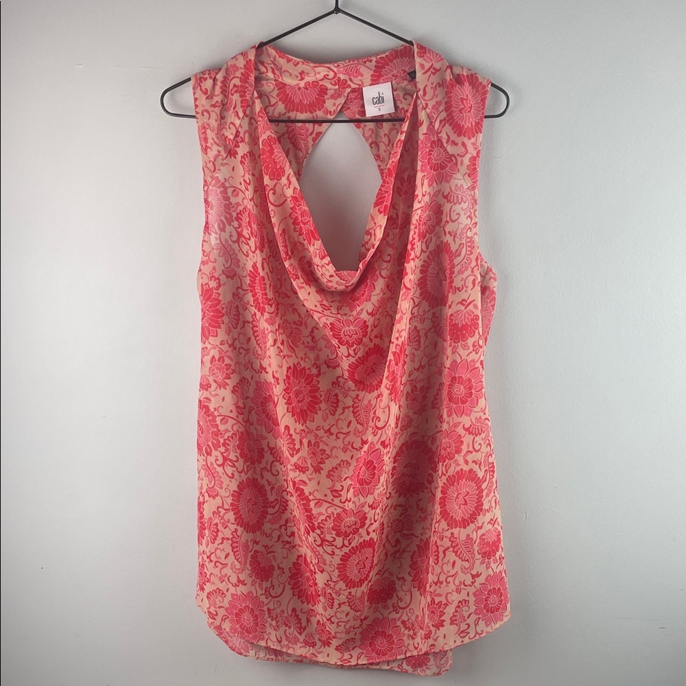 CAbi #5037 Coral Pink Floral Cowl Neck Sleeveless Sheer Top Size S